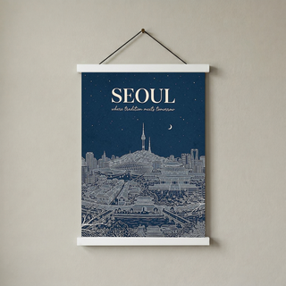Seoul Line Art Print — Navy N Seoul Tower Gyeongbokgung Palace Skyline Wall Art