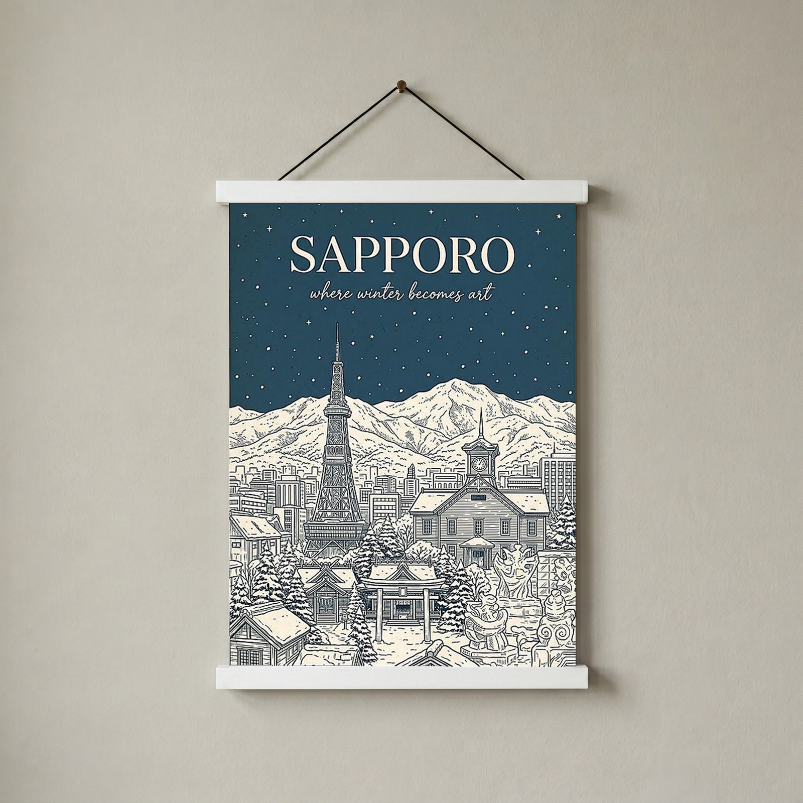 Sapporo Line Art Print — Steel Blue Snow Festival TV Tower Wall Art