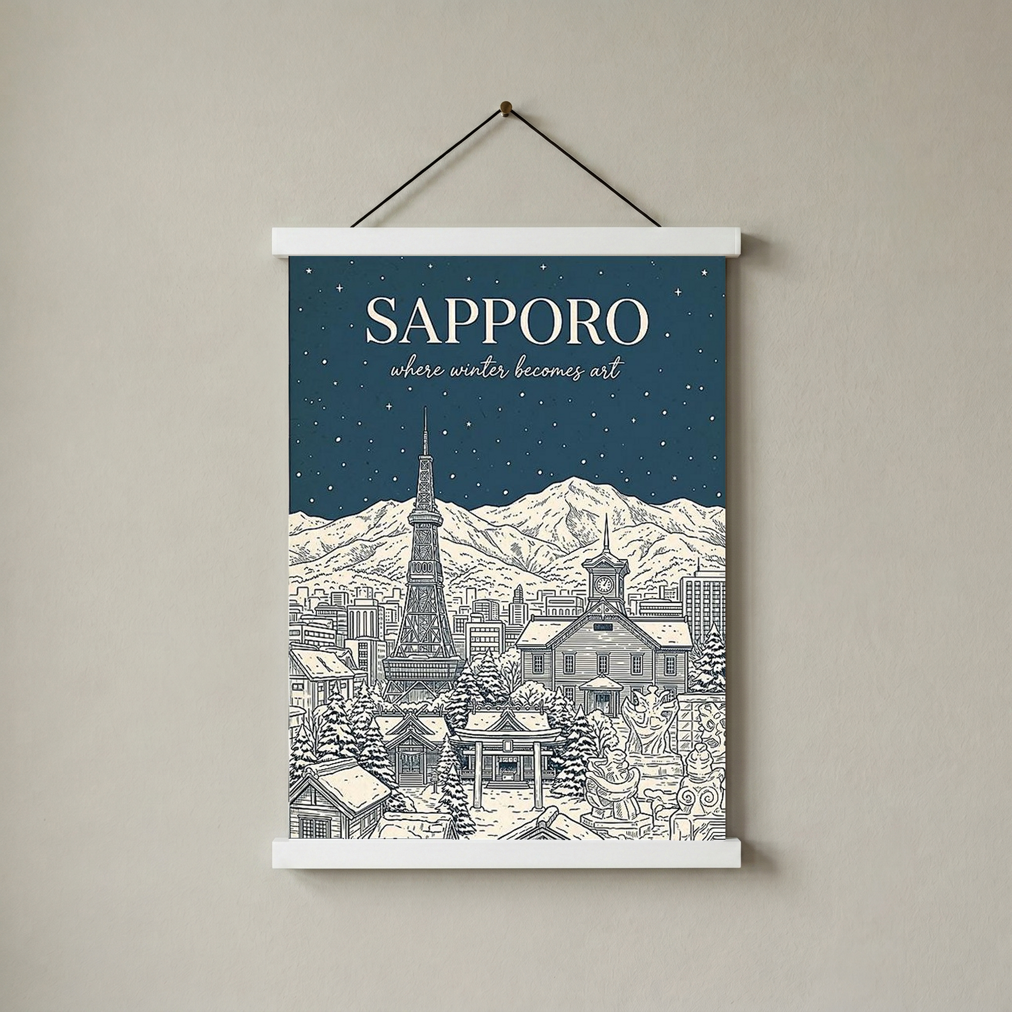 Sapporo Line Art Print — Steel Blue Snow Festival TV Tower Wall Art
