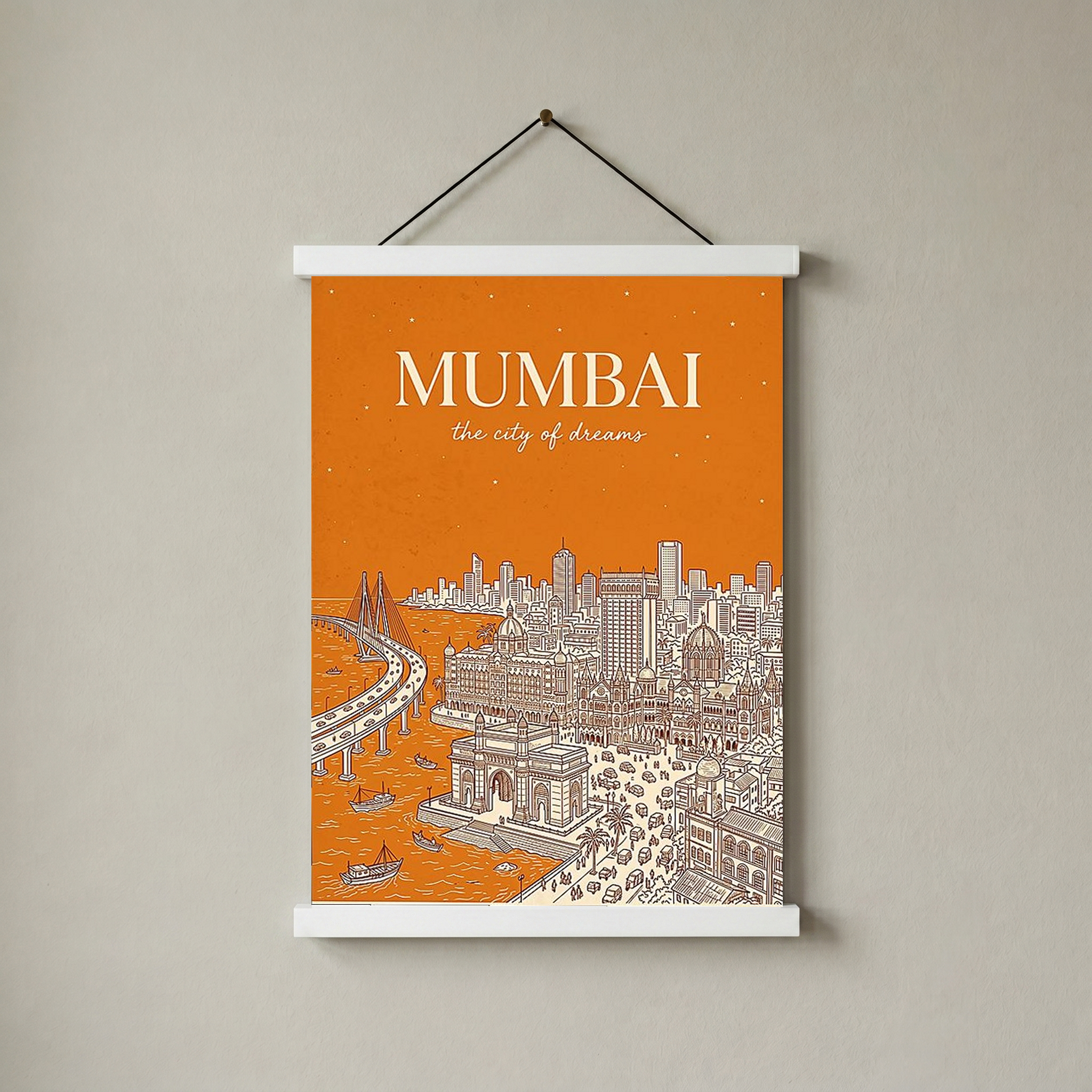 Mumbai Line Art Print — Saffron Gateway of India Marine Drive Skyline Wall Art