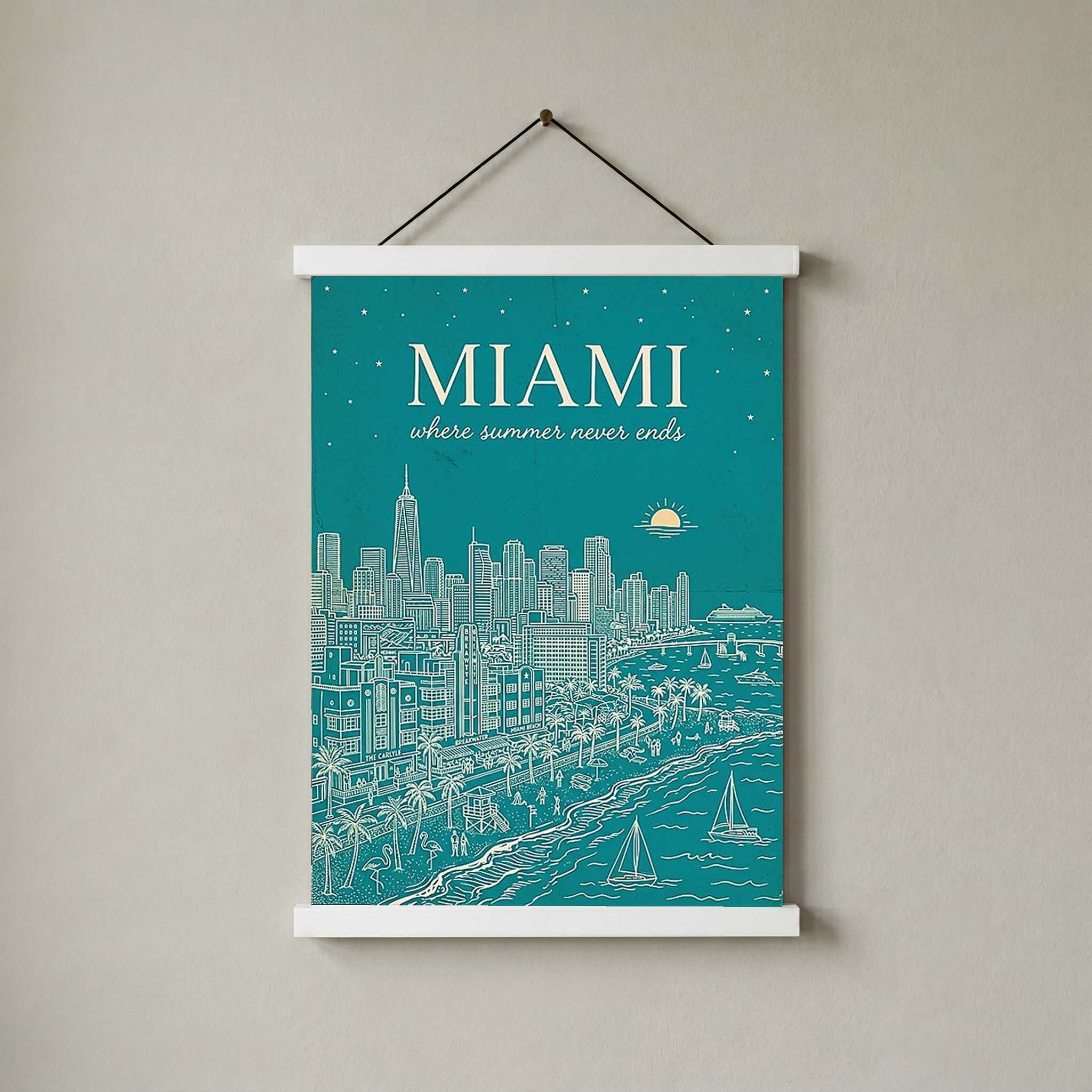 Miami Line Art Print — Teal South Beach Skyline Art Deco Wall Art