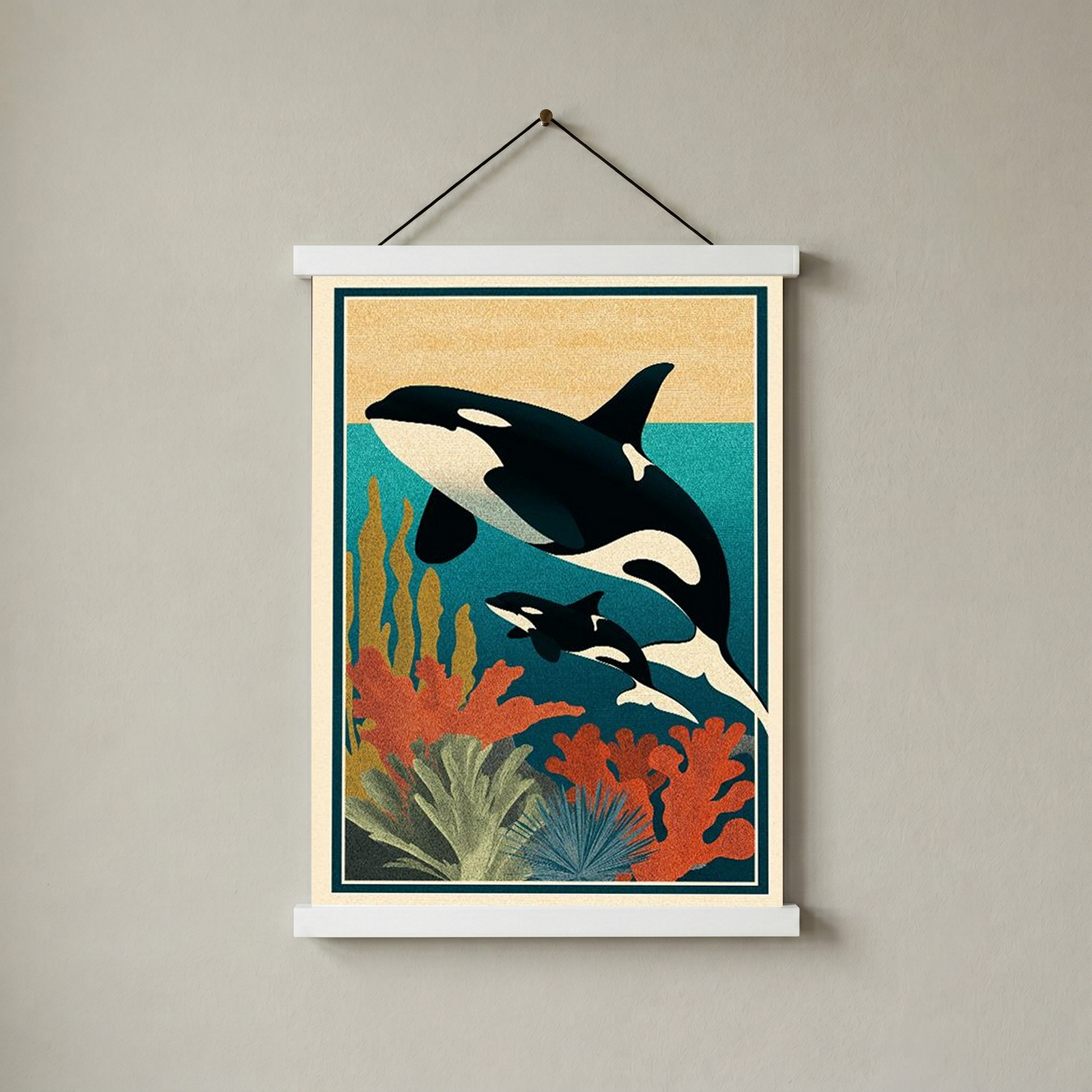 Orca Mother & Calf Ocean Reef Poster - Coastal Wildlife Wall Art
