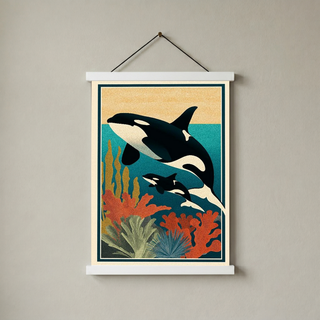 Orca Mother & Calf Ocean Reef Poster - Coastal Wildlife Wall Art