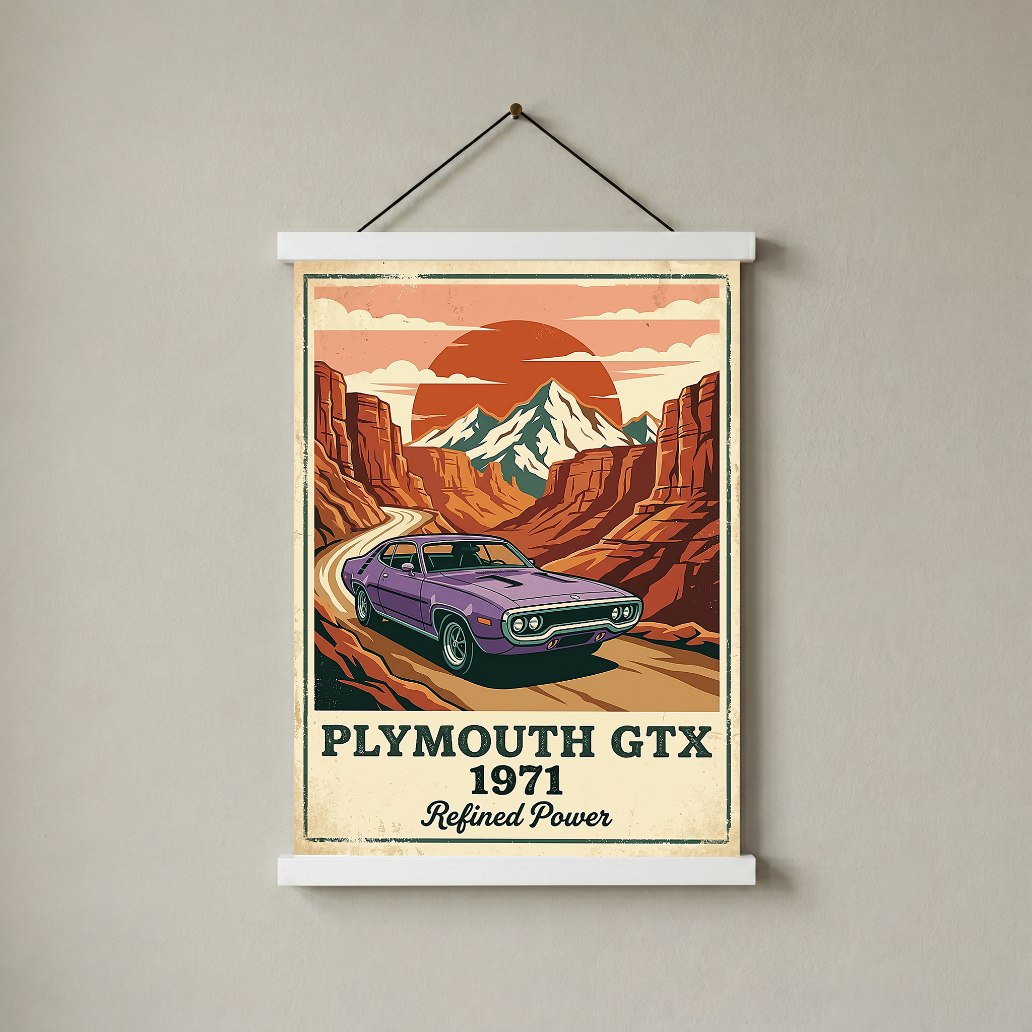 Plymouth GTX 1971 Poster — Vintage Muscle Car Red Rock Canyon Print