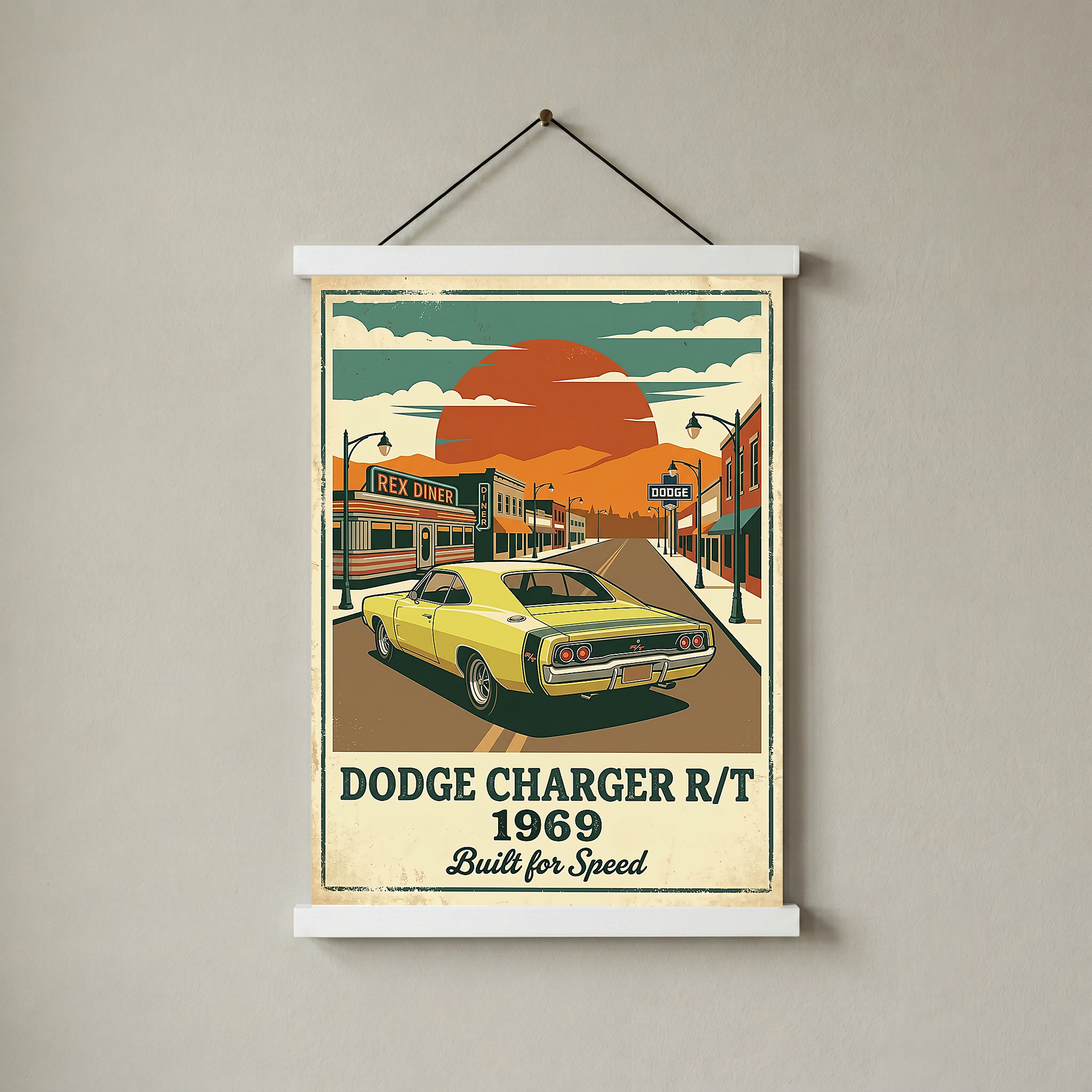 Dodge Charger R/T 1969 Yellow Edition — Vintage Muscle Diner Main Street Print