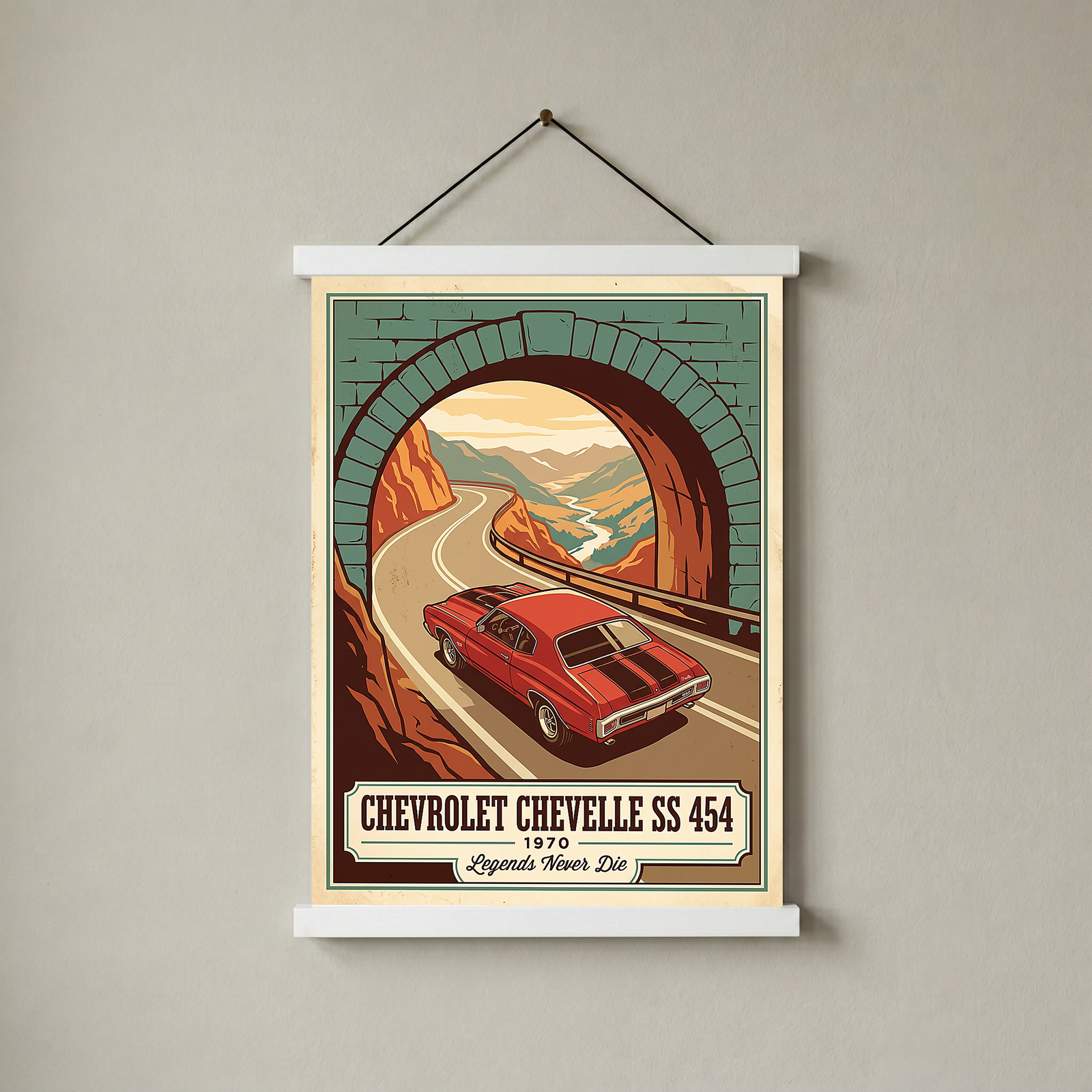 Chevrolet Chevelle SS 454 1970 V9 Stone Tunnel Poster — Vintage Muscle Mountain Pass