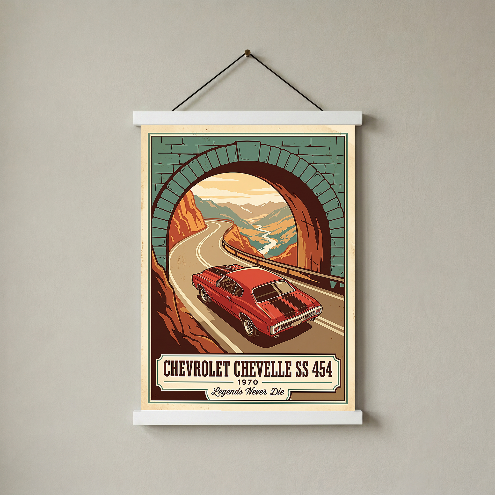 Chevrolet Chevelle SS 454 1970 V9 Stone Tunnel Poster — Vintage Muscle Mountain Pass