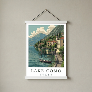 Lake Como Italy Travel Poster — Lakeside Village Boat Landscape Print