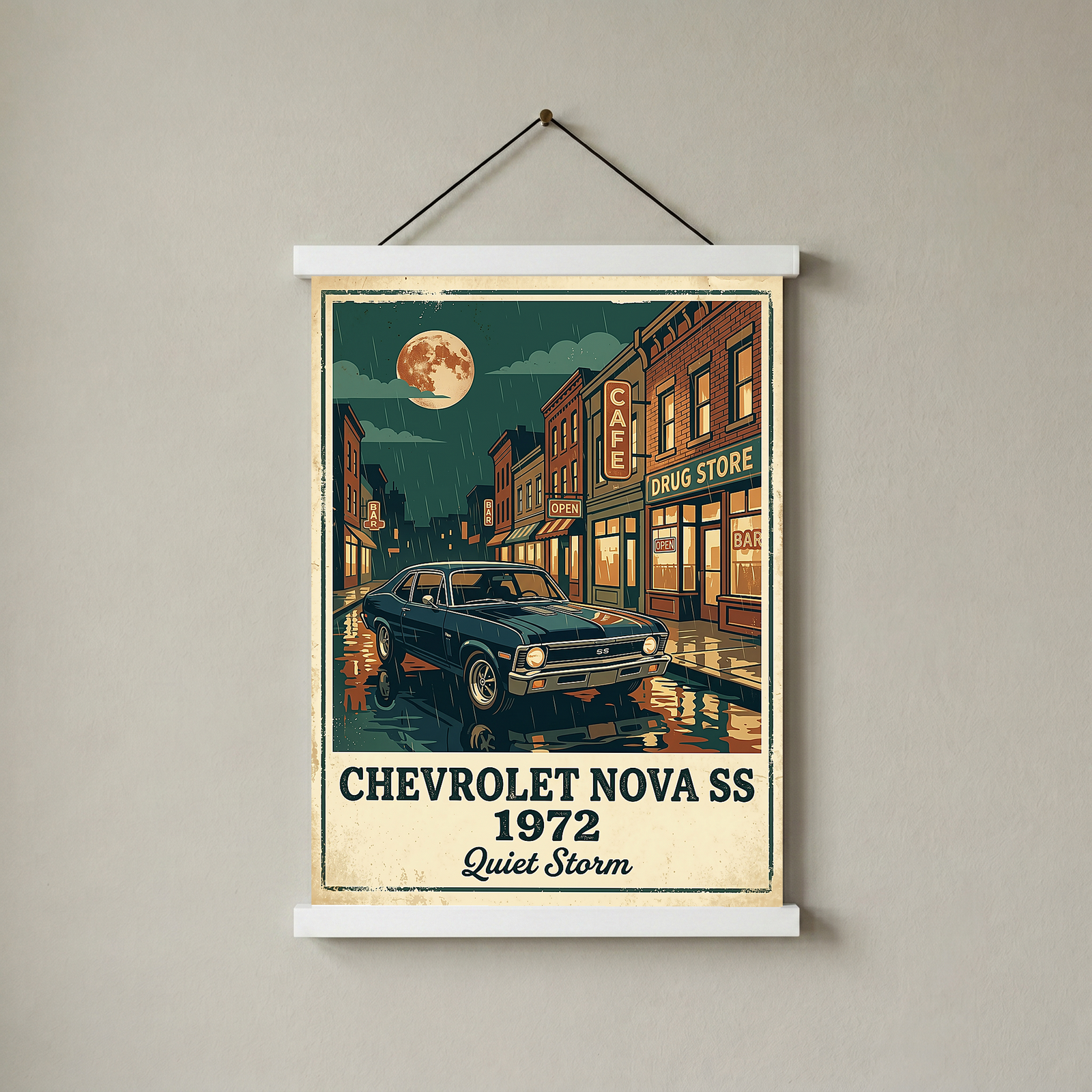 Chevrolet Nova SS 1972 Poster — Vintage Muscle Car Rainy Night Street Print