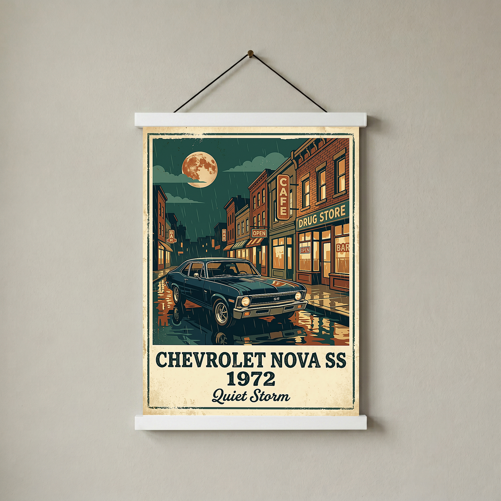 Chevrolet Nova SS 1972 Poster — Vintage Muscle Car Rainy Night Street Print