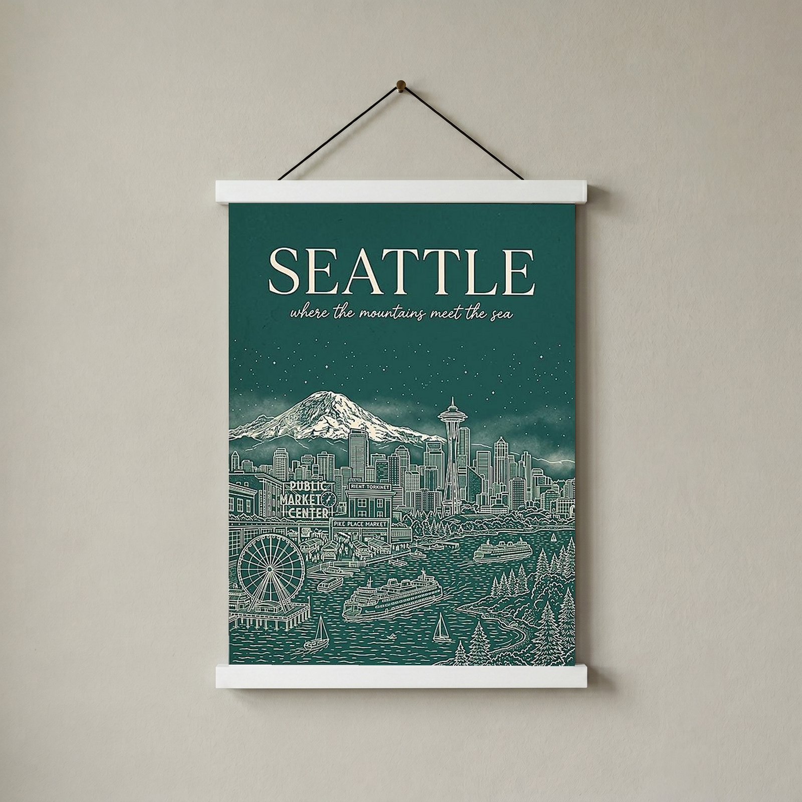 Seattle Line Art Travel Poster — Mount Rainier Cityscape Pacific Northwest Print