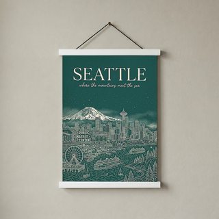 Seattle Line Art Travel Poster — Mount Rainier Cityscape Pacific Northwest Print