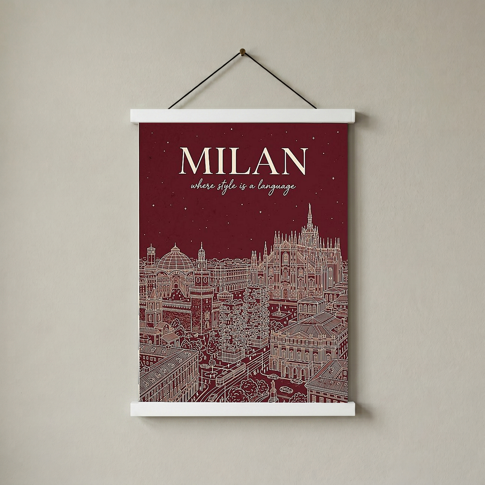 Milan Line Art Print — Wine Red Duomo Skyline Wall Art