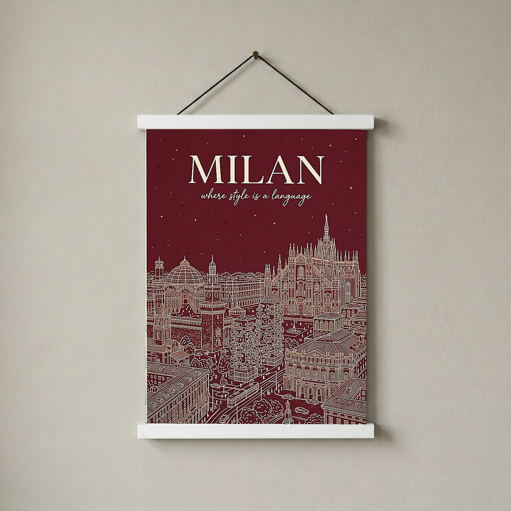 Milan Line Art Print — Wine Red Duomo Skyline Wall Art