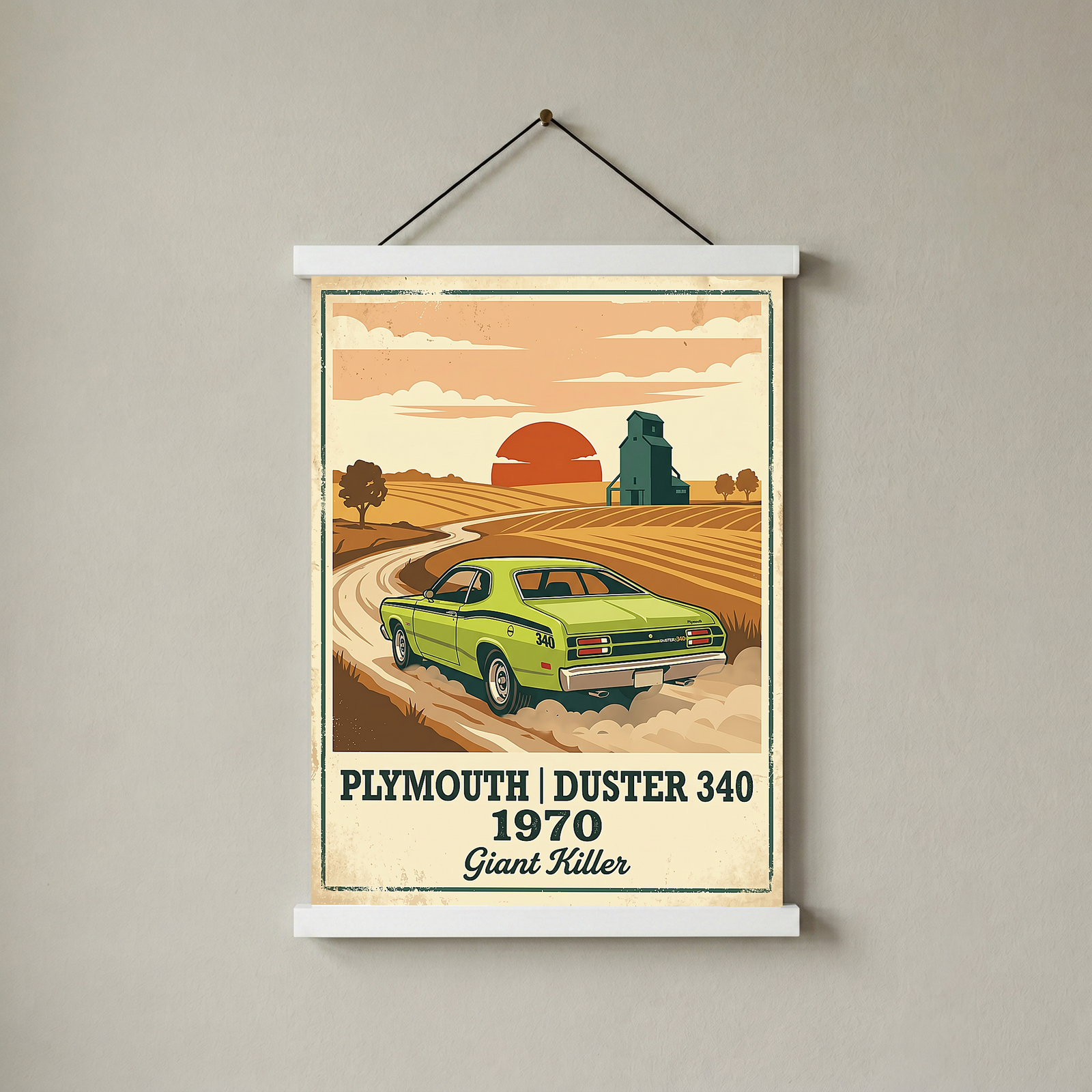 Plymouth Duster 340 1970 Poster — Vintage Muscle Car Country Wheat Print