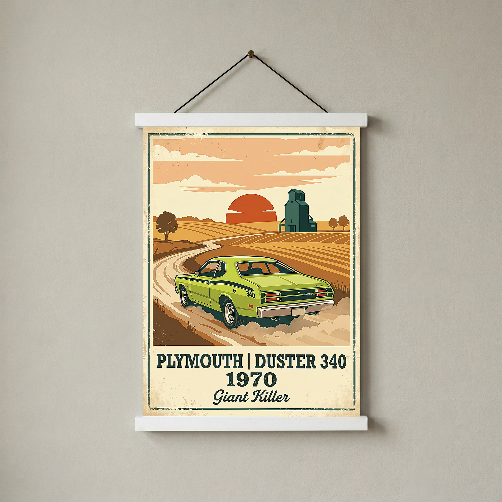 Plymouth Duster 340 1970 Poster — Vintage Muscle Car Country Wheat Print