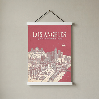 Los Angeles Line Art Print — Pink Hollywood Sign Downtown Skyline Wall Art