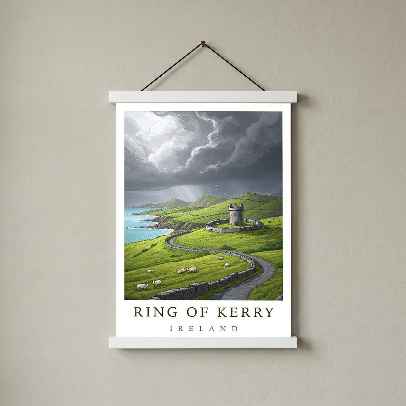 Ring of Kerry Ireland Travel Poster — Coastal Castle Sheep Stone Wall Print