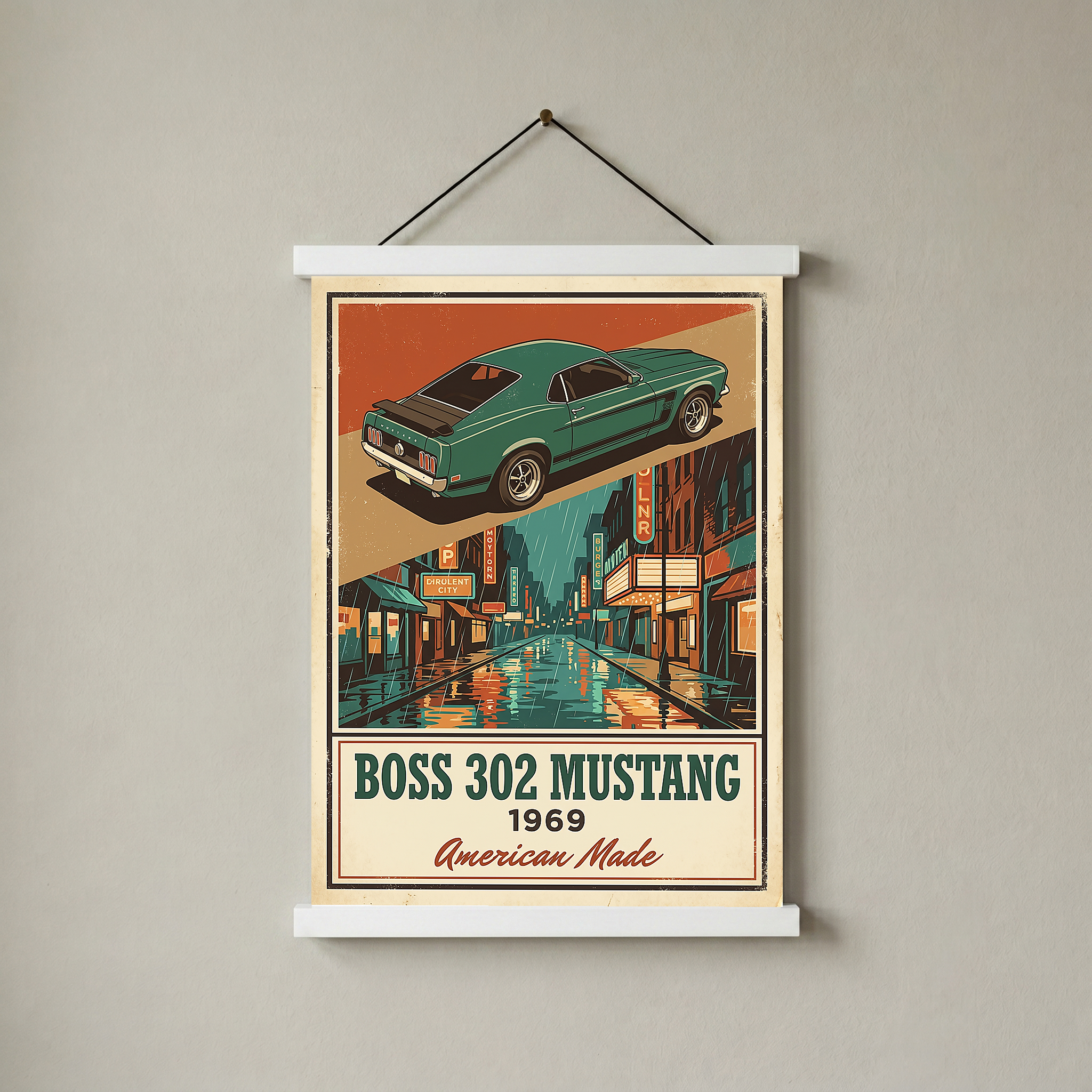 Boss 302 Mustang 1969 V2 Poster — Vintage Muscle Rainy Cinema Street Print