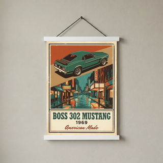 Boss 302 Mustang 1969 V2 Poster — Vintage Muscle Rainy Cinema Street Print