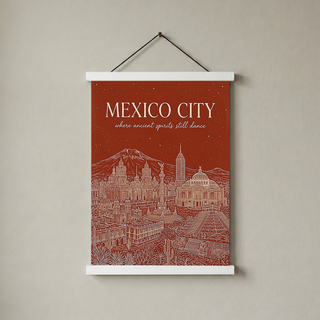 Mexico City Line Art Print — Rust Bellas Artes Templo Mayor Skyline Wall Art