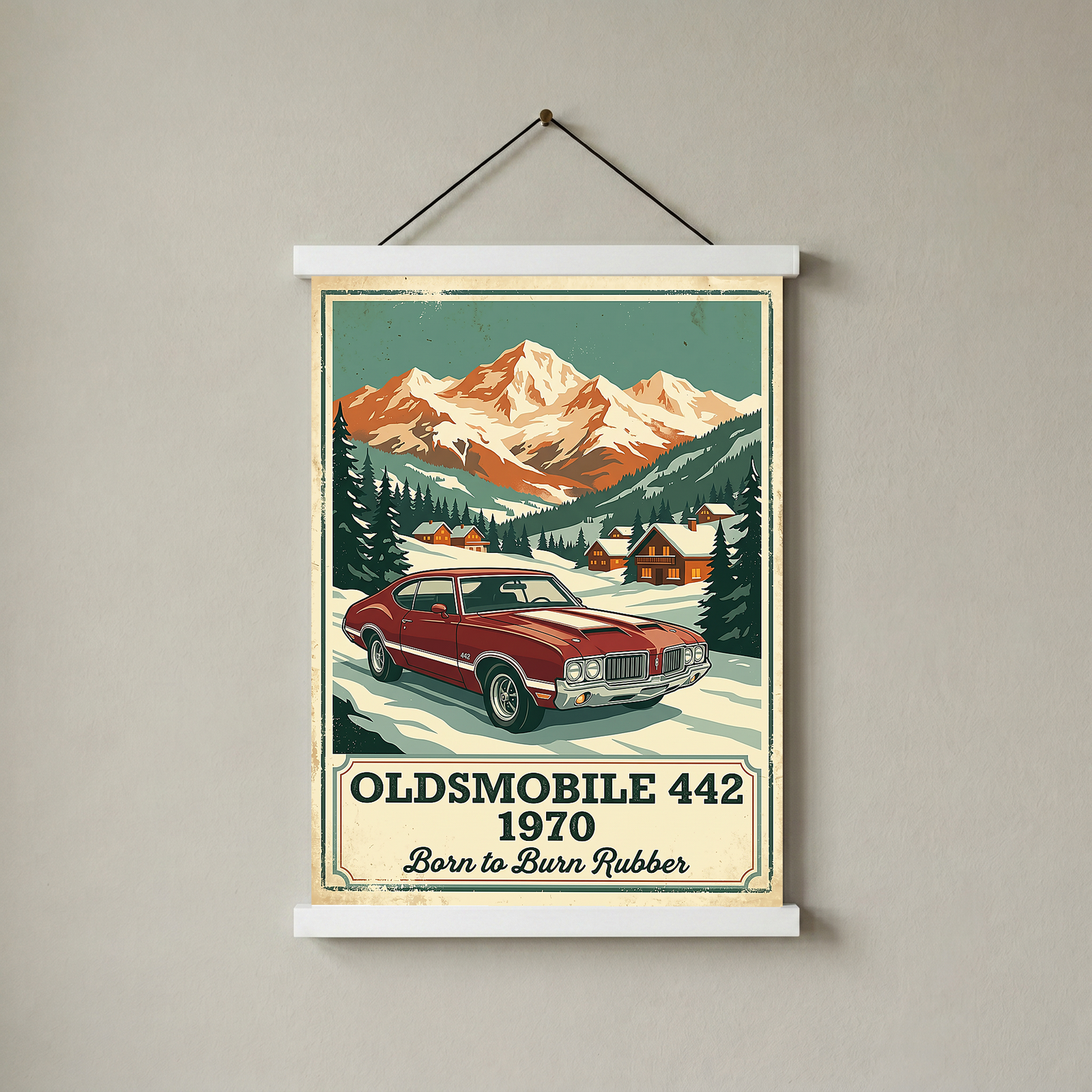 Oldsmobile 442 1970 V2 Poster — Vintage Muscle Winter Alpine Village Print