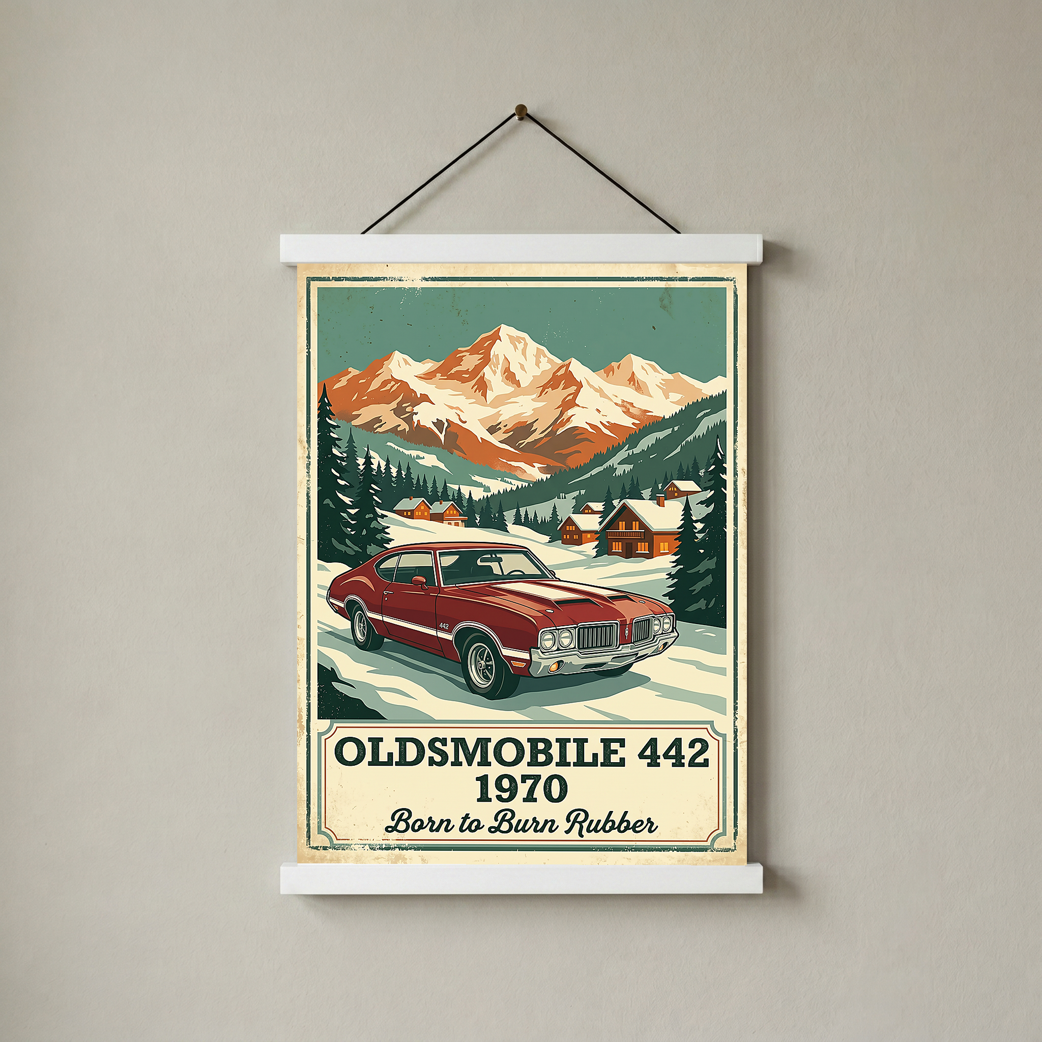 Oldsmobile 442 1970 V2 Poster — Vintage Muscle Winter Alpine Village Print