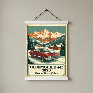 Oldsmobile 442 1970 V2 Poster — Vintage Muscle Winter Alpine Village Print