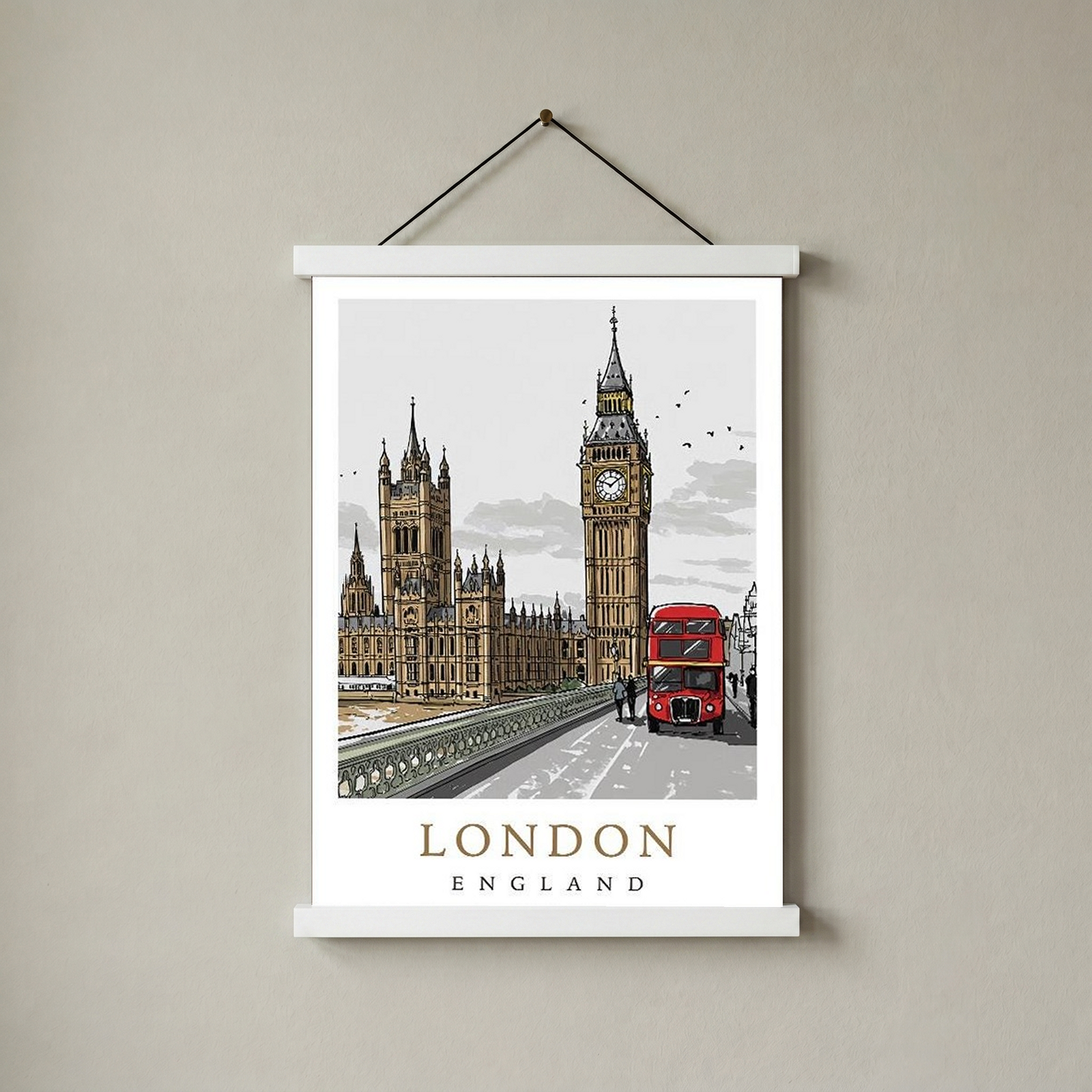 London Travel Poster — Big Ben Houses of Parliament Red Bus Print