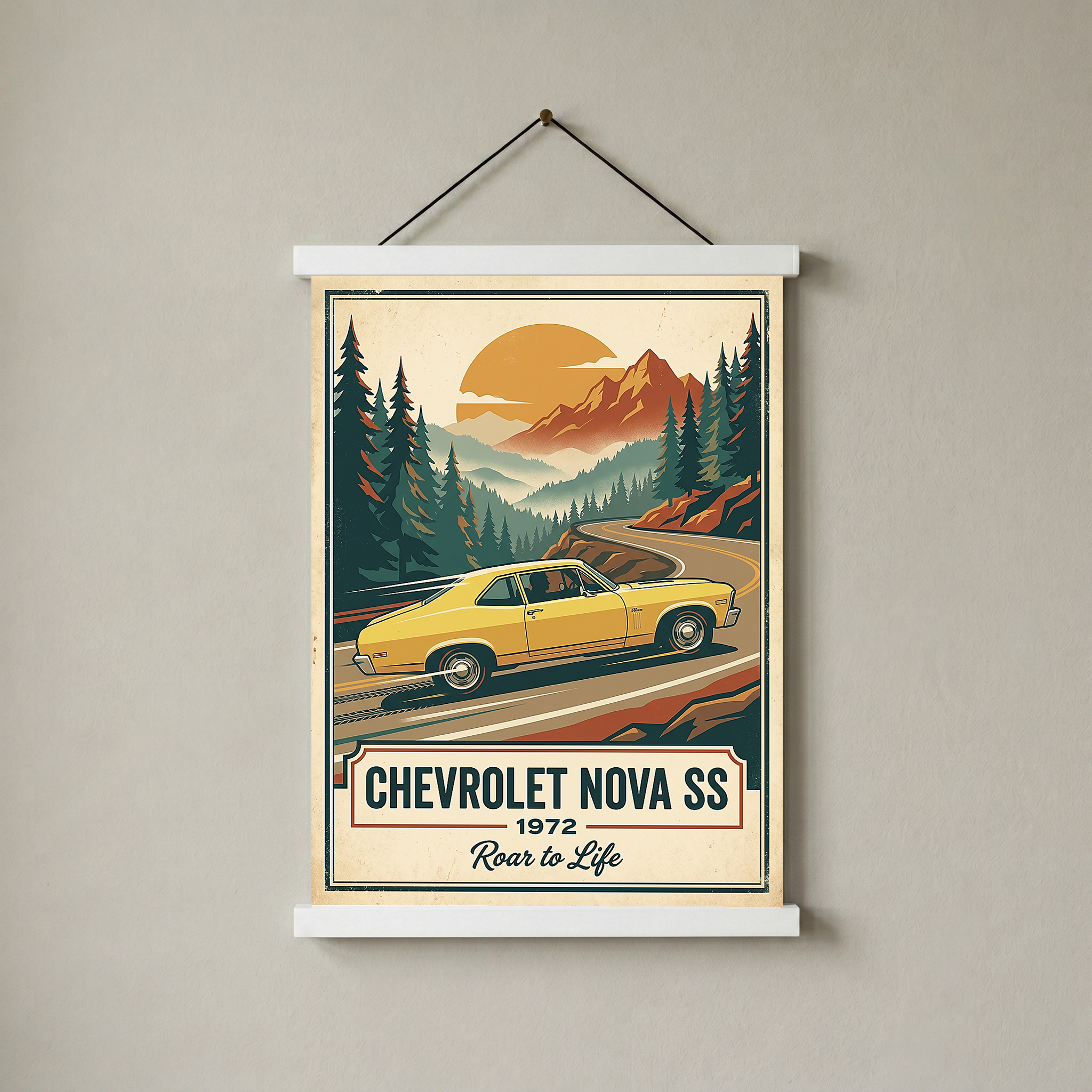 Chevrolet Nova SS 1972 V2 Poster — Vintage Muscle Mountain Pine Winding Road Print