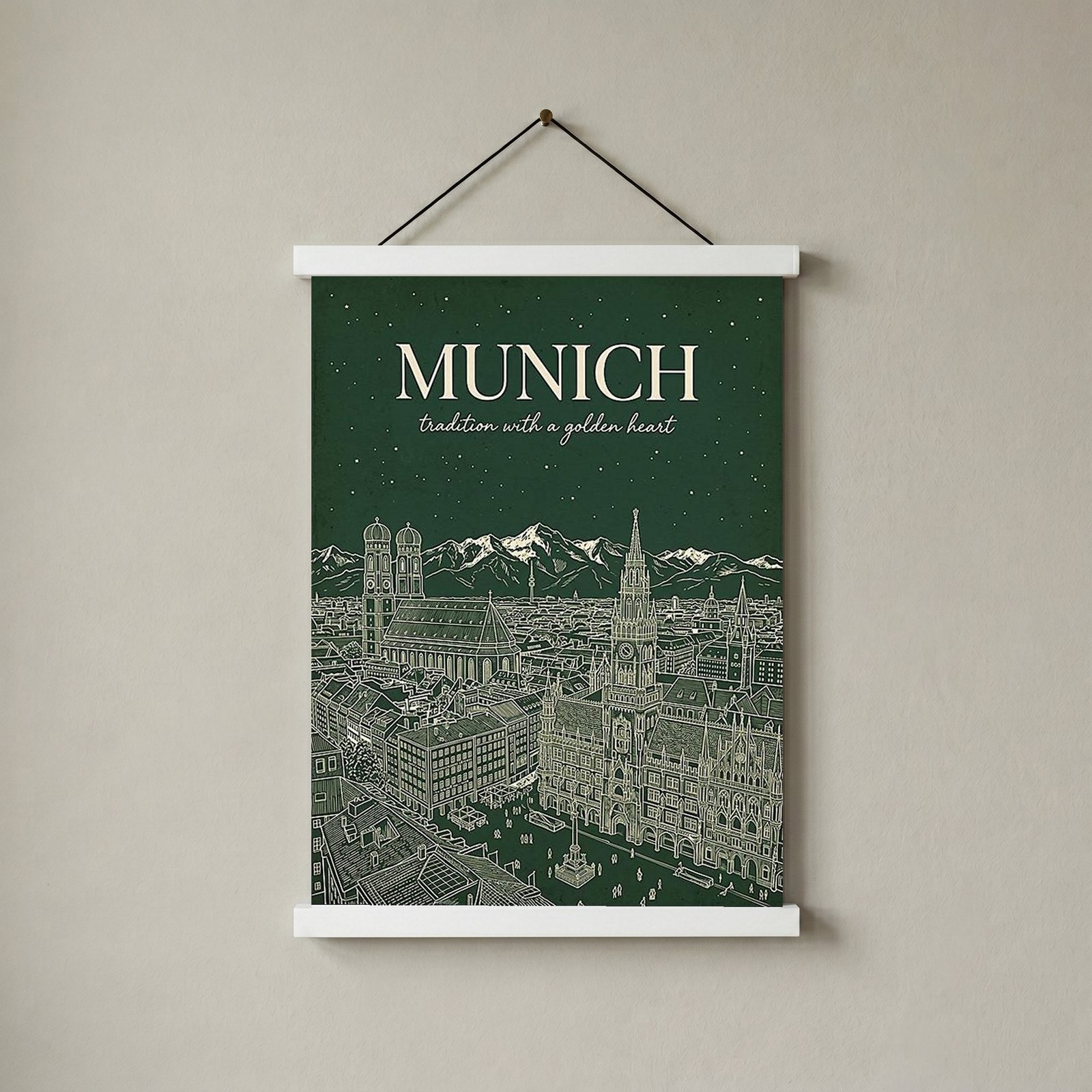 Munich Line Art Print — Forest Green Frauenkirche Marienplatz Skyline Wall Art