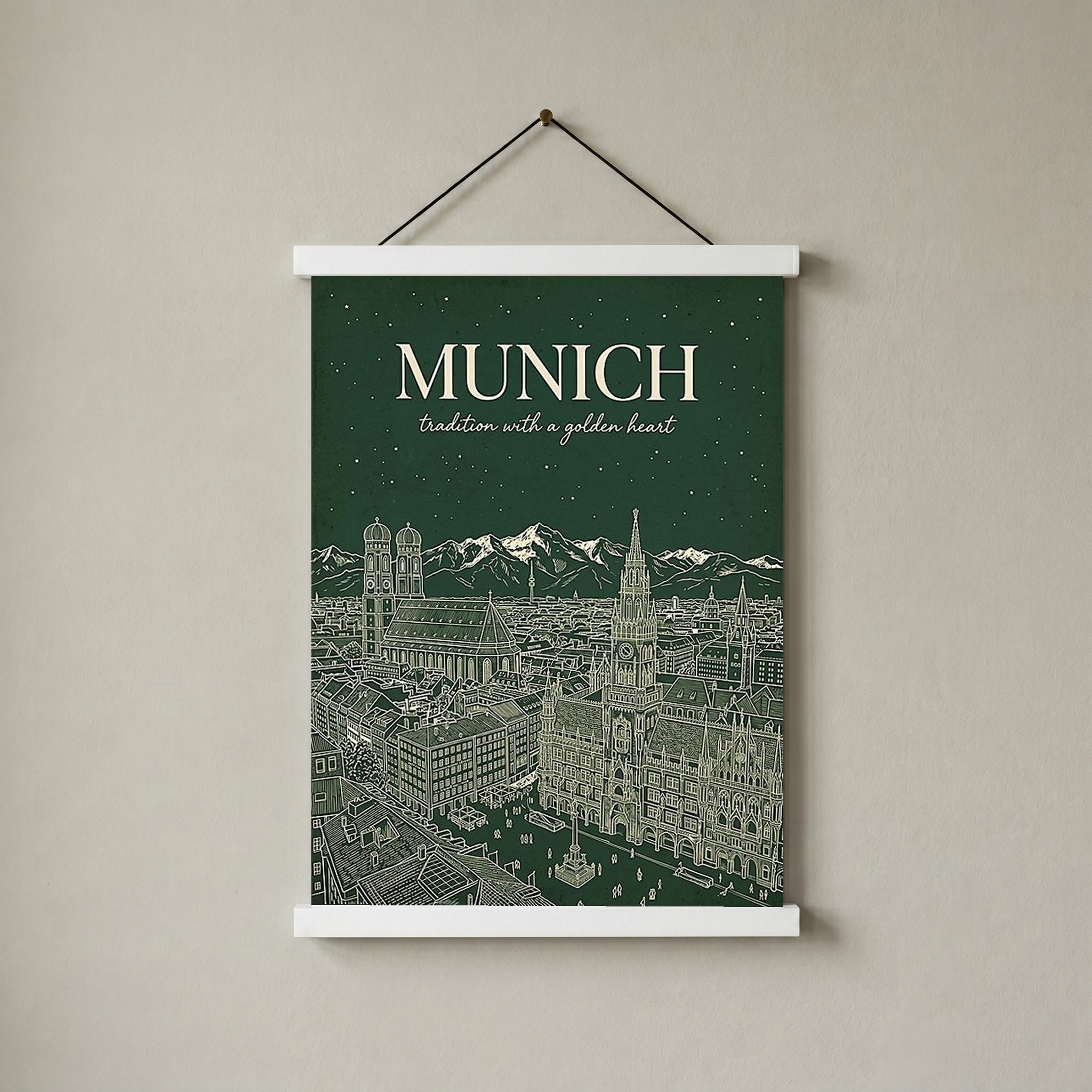 Munich Line Art Print — Forest Green Frauenkirche Marienplatz Skyline Wall Art