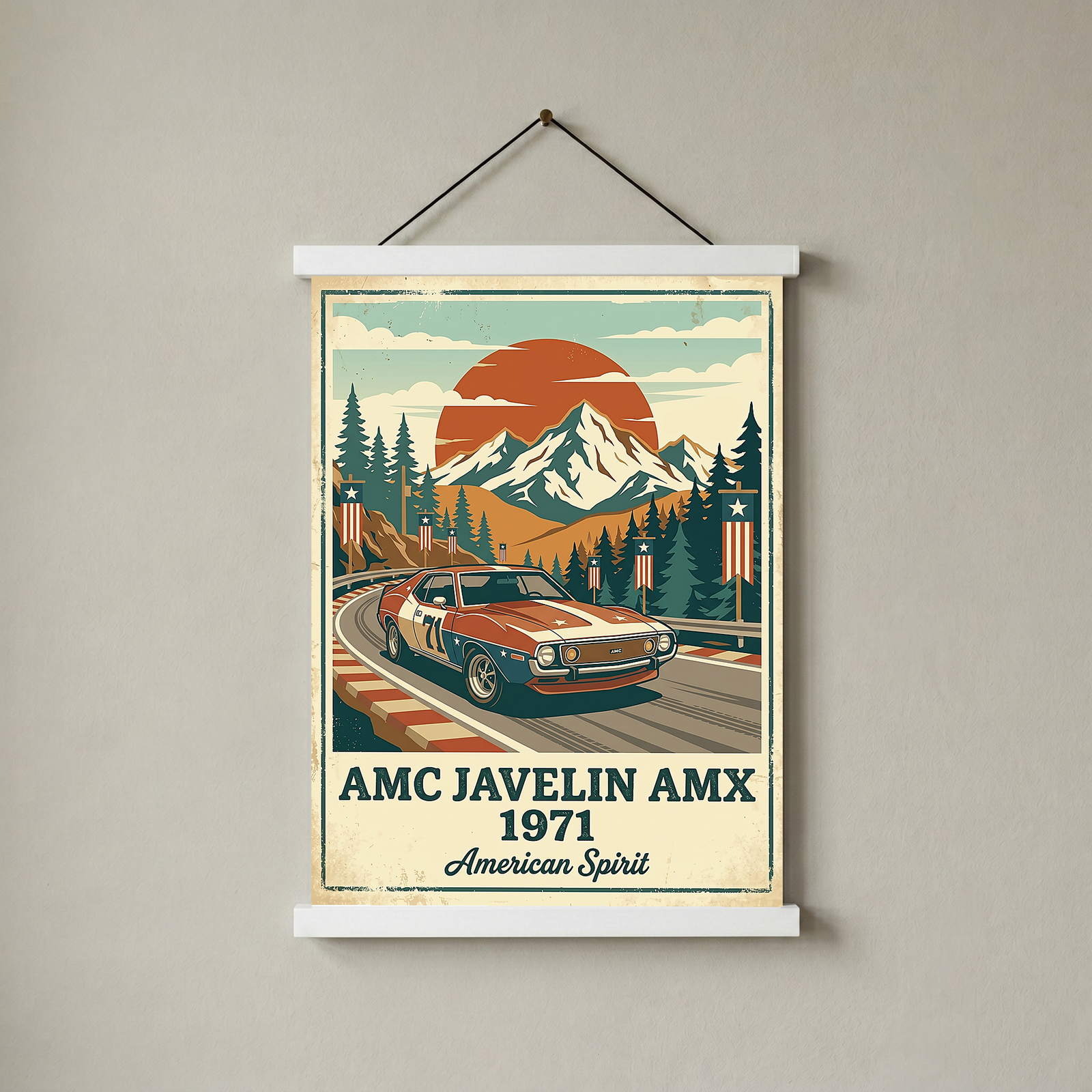 AMC Javelin AMX 1971 Poster — Vintage Muscle Car Race Track Mountain Print