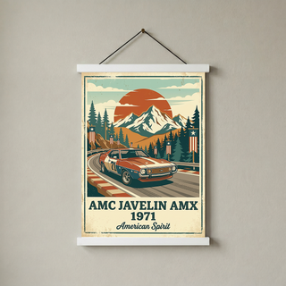 AMC Javelin AMX 1971 Poster — Vintage Muscle Car Race Track Mountain Print