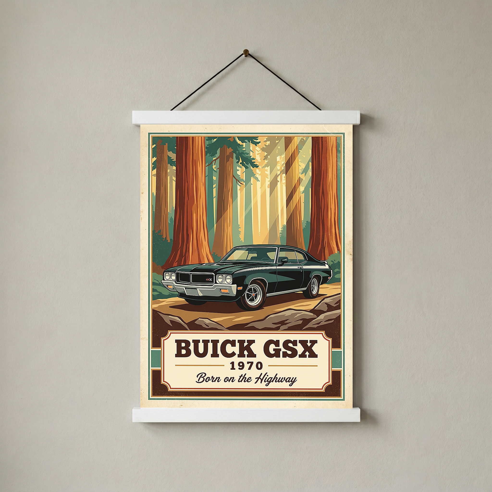 Buick GSX 1970 V2 Poster — Vintage Muscle Redwood Forest Light Beam Print