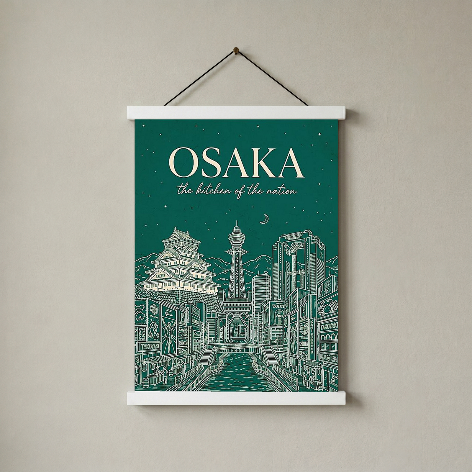 Osaka Line Art Print — Forest Green Osaka Castle Tsutenkaku Dotonbori Wall Art