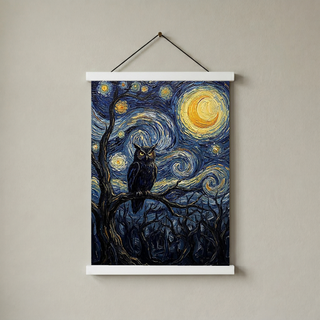Wise Owl Starry Night Print — Van Gogh-Style Mystical Forest Wall Art