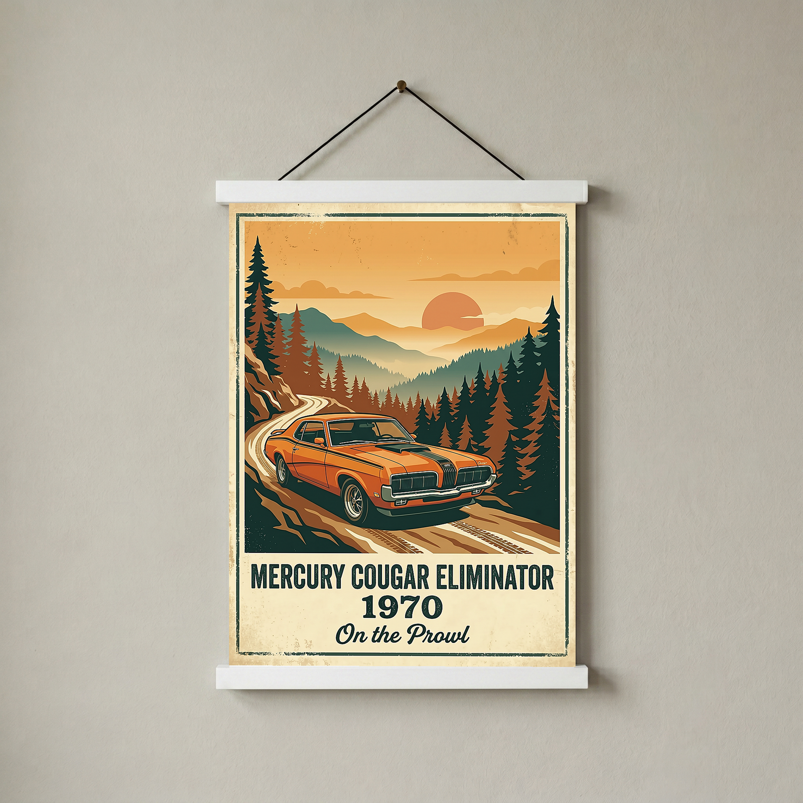 Mercury Cougar Eliminator 1970 V2 Poster — Vintage Muscle Car Pine Forest Sunset