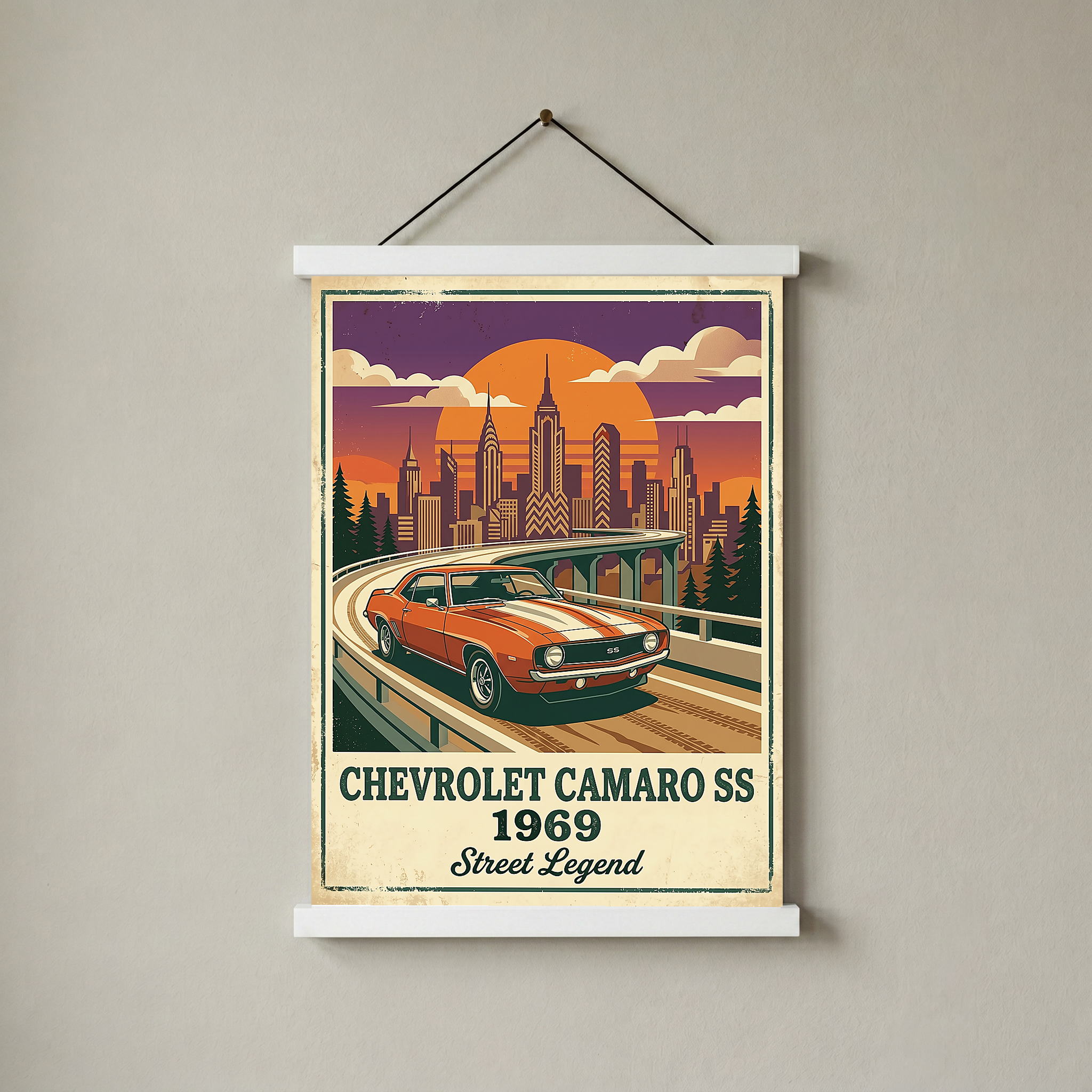 Chevrolet Camaro SS 1969 Poster — Vintage Muscle Car City Skyline Print