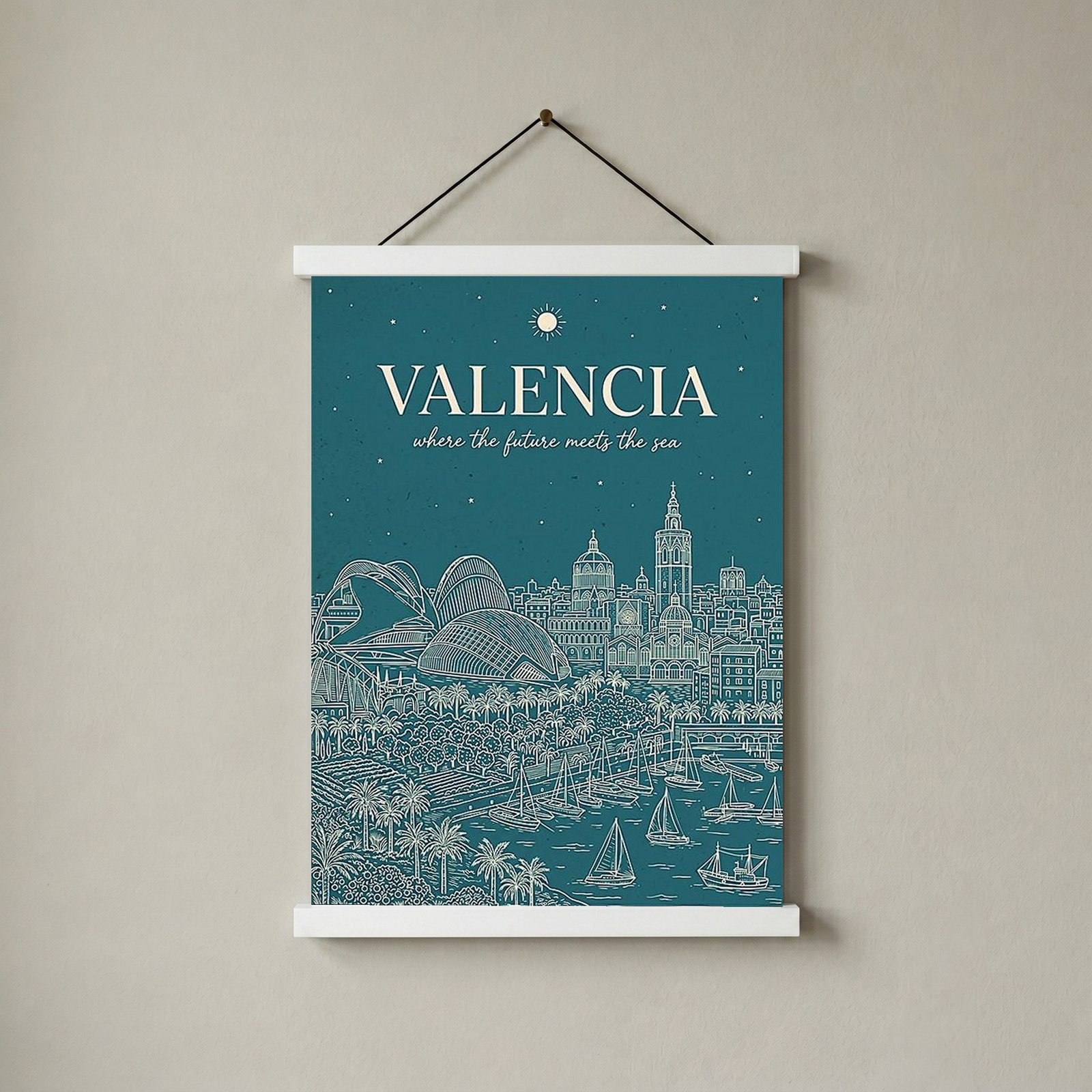 Valencia Line Art Print — Teal City of Arts Sciences Mediterranean Skyline Wall Art