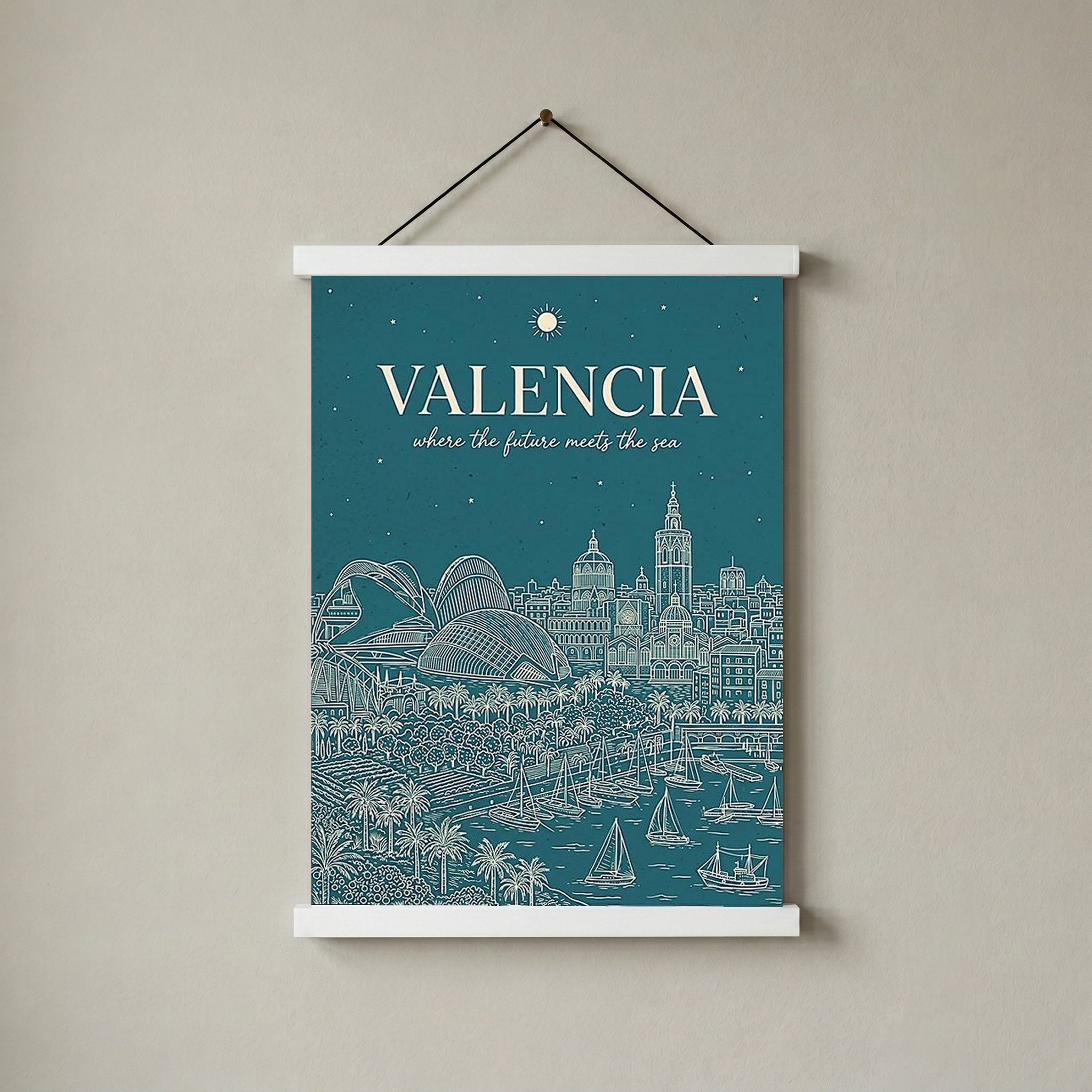 Valencia Line Art Print — Teal City of Arts Sciences Mediterranean Skyline Wall Art