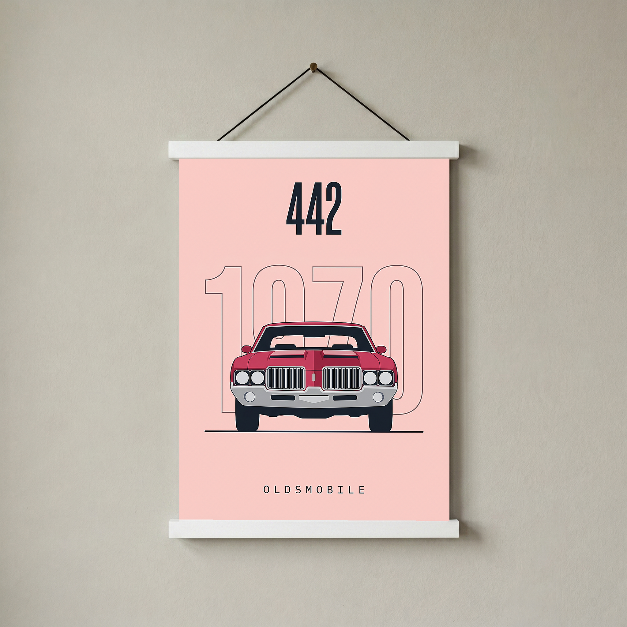 Oldsmobile 442 1970 Minimalist Poster — Blush Pink Muscle Car Line Art
