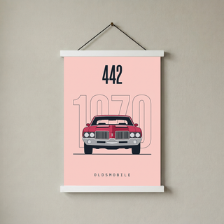 Oldsmobile 442 1970 Minimalist Poster — Blush Pink Muscle Car Line Art