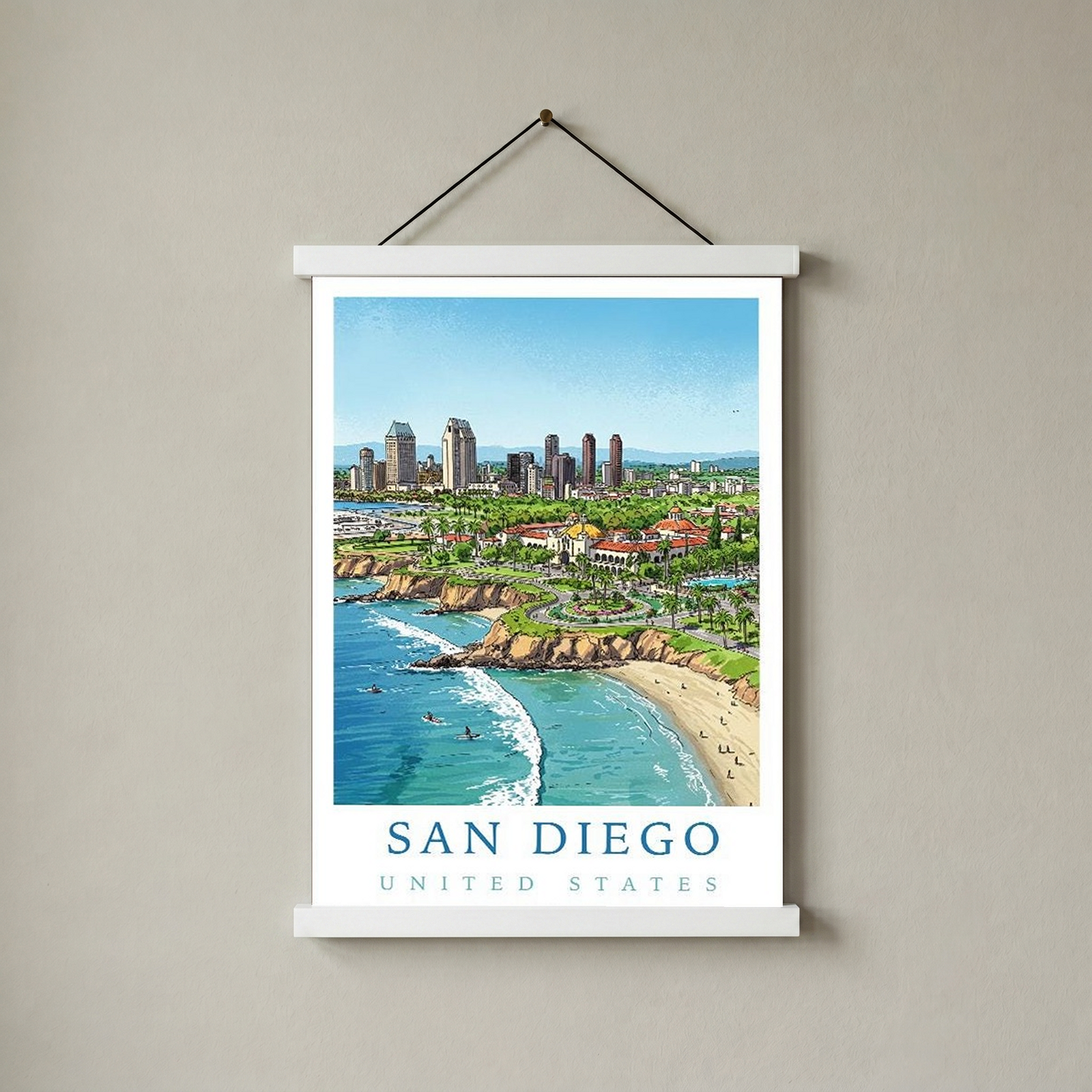 San Diego Travel Poster — Coastal Skyline Cabrillo Beach Print