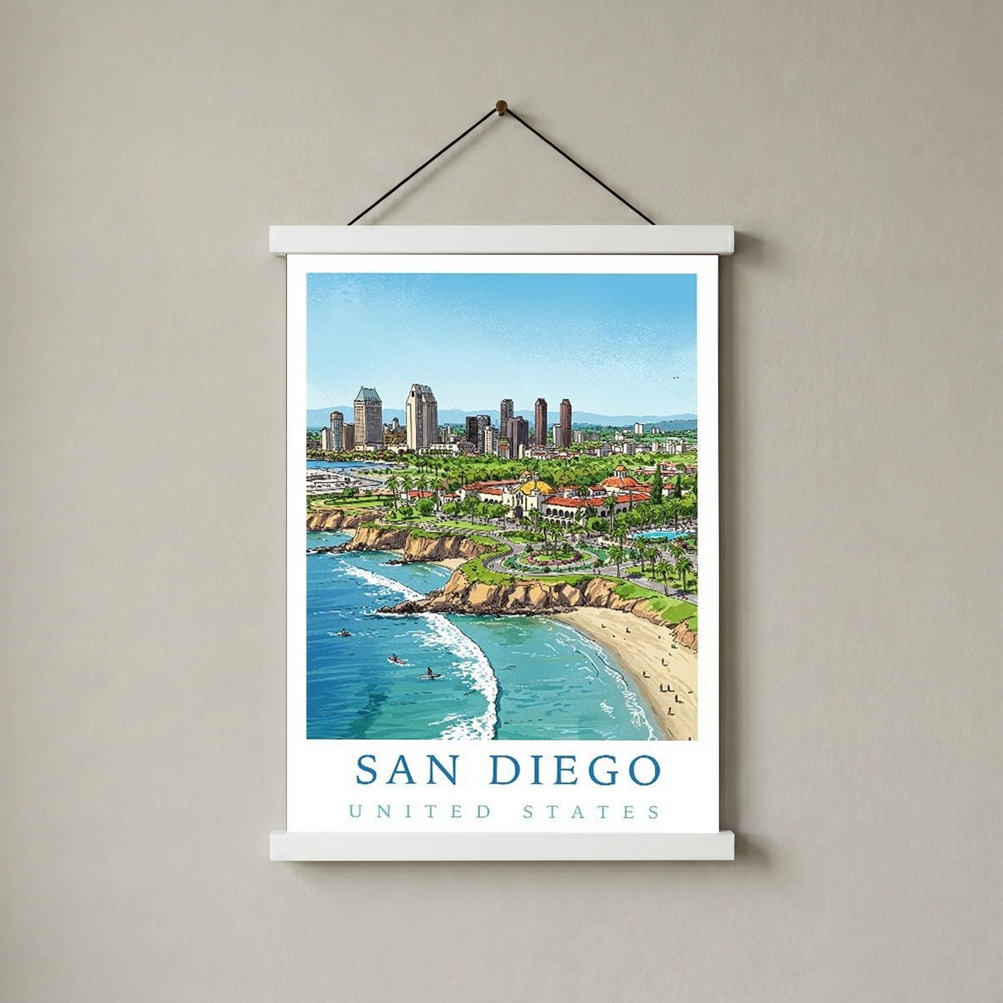 San Diego Travel Poster — Coastal Skyline Cabrillo Beach Print