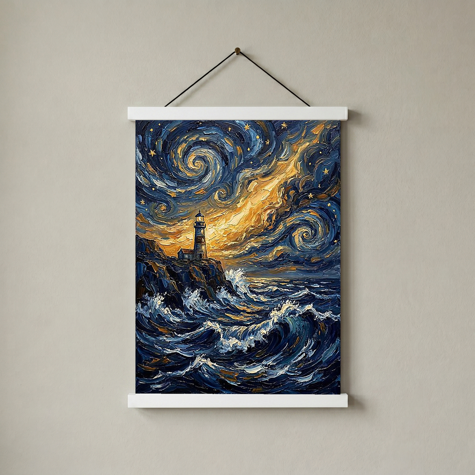 Lighthouse Stormy Sea Print — Van Gogh Starry Night Coastal Wall Art