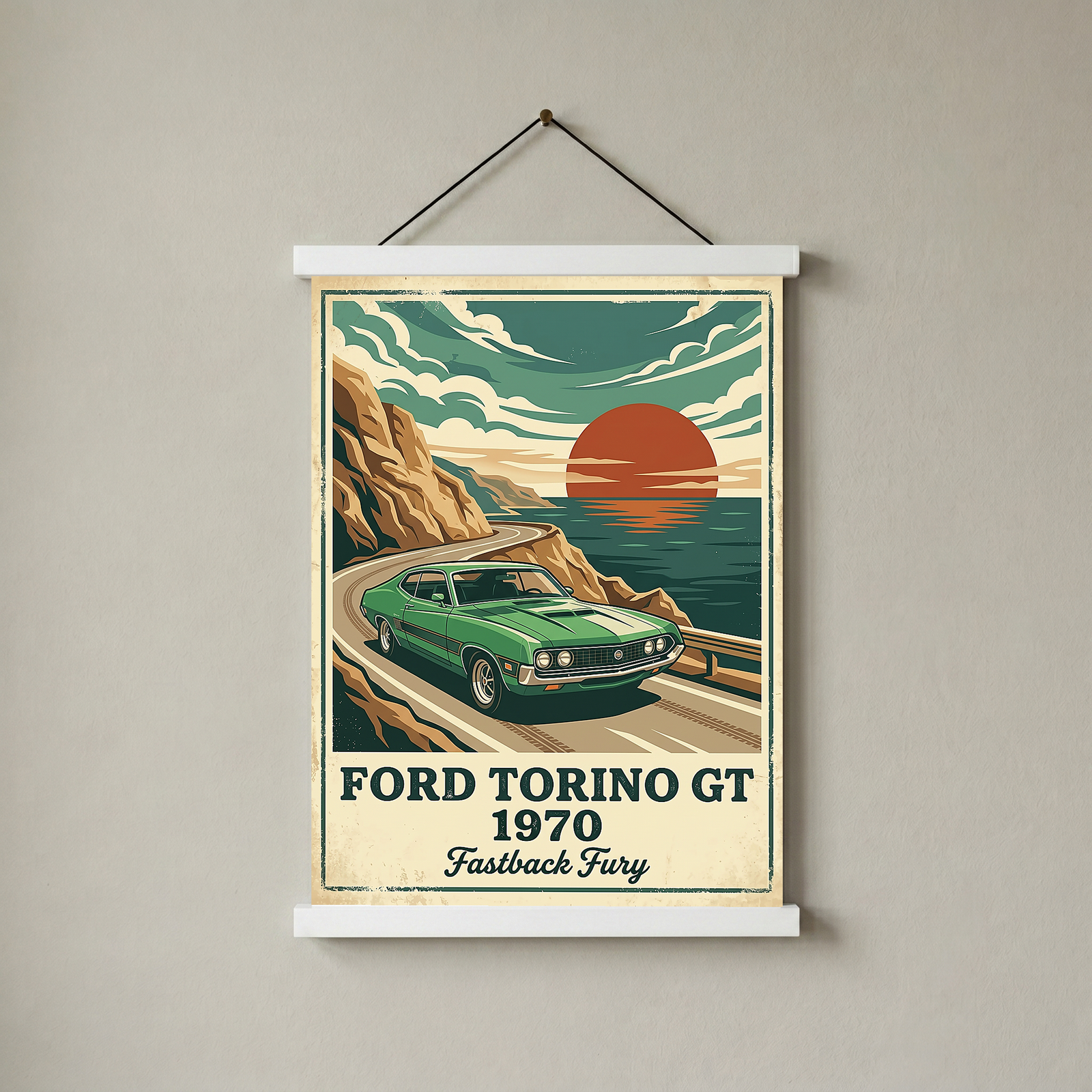 Ford Torino GT 1970 Poster — Vintage Muscle Car Coastal Cliff Sunset Print