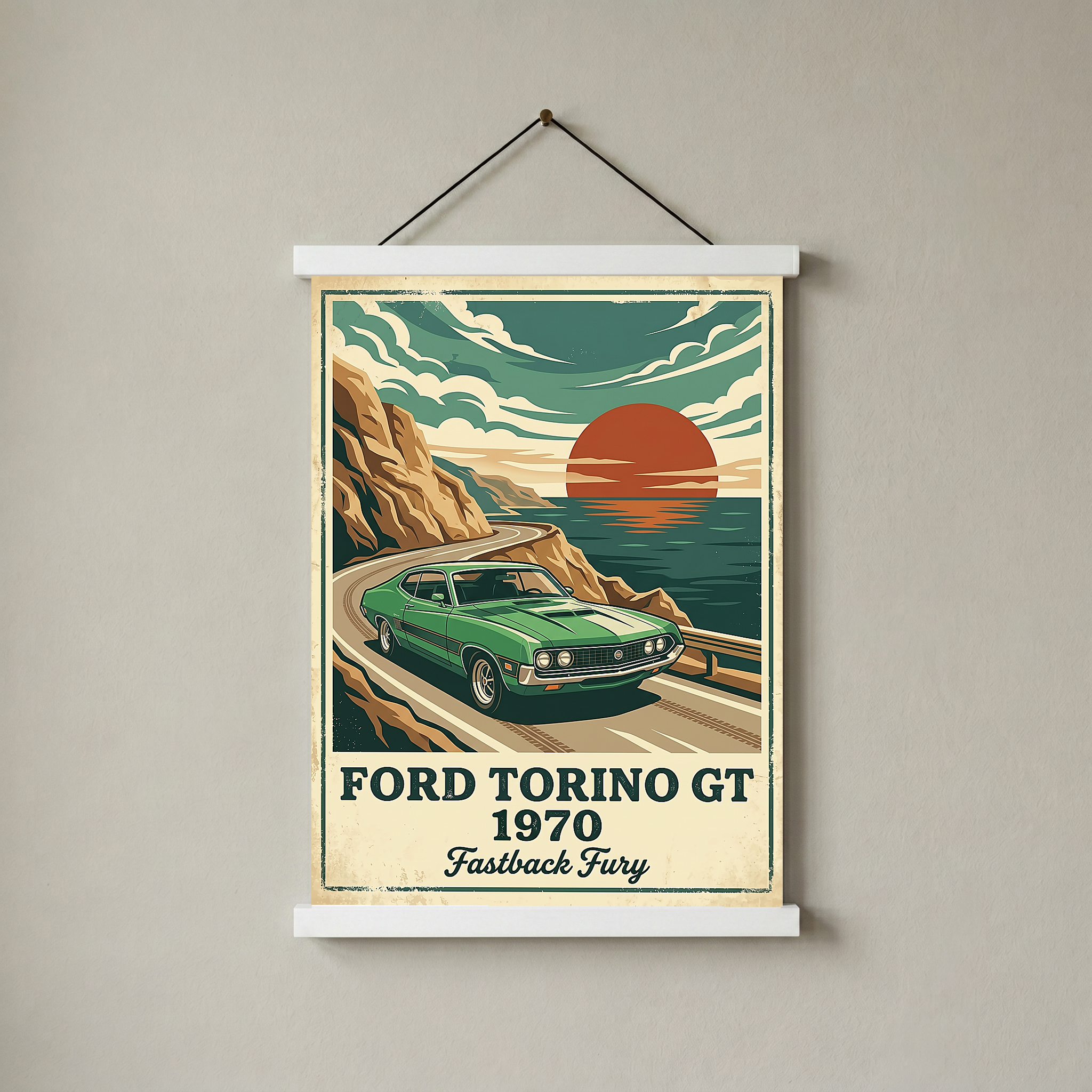 Ford Torino GT 1970 Poster — Vintage Muscle Car Coastal Cliff Sunset Print