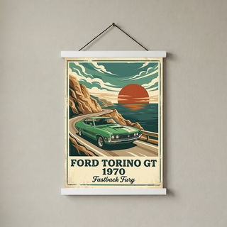 Ford Torino GT 1970 Poster — Vintage Muscle Car Coastal Cliff Sunset Print
