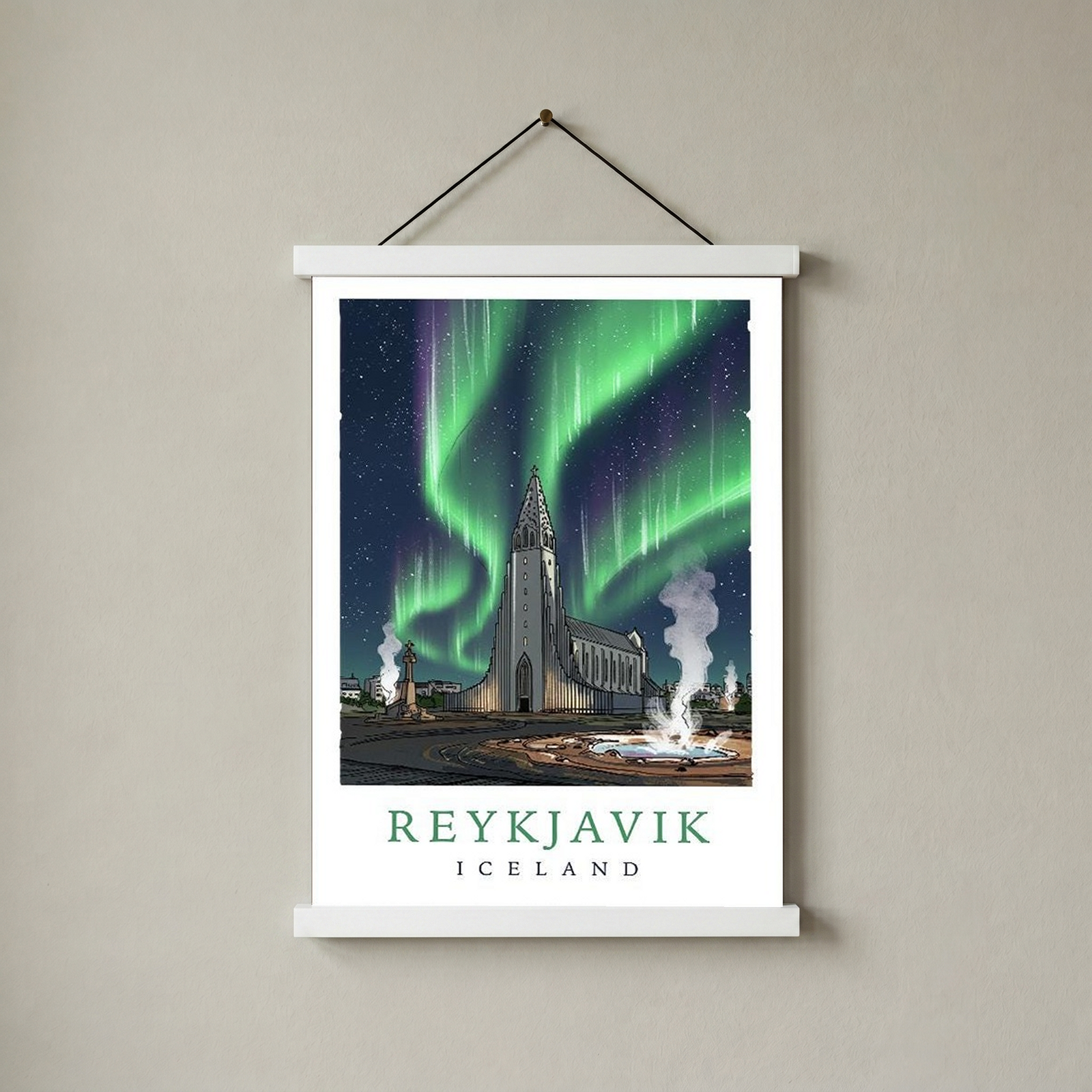 Reykjavik Iceland Travel Poster — Hallgrímskirkja Northern Lights Print
